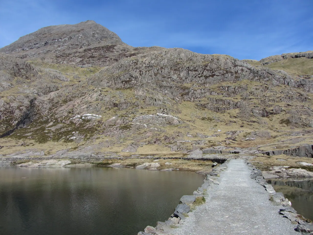 The causeway across Llyn Llydaw, and Crib Goch