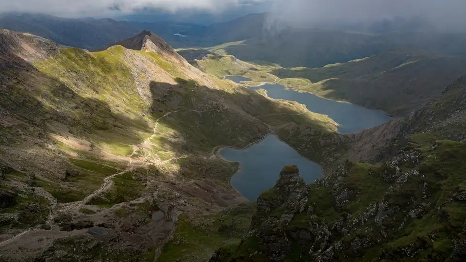 Glaslyn from the top of the Llanberis Path, with the Pyg Track and Miners' Track below Crib Goch